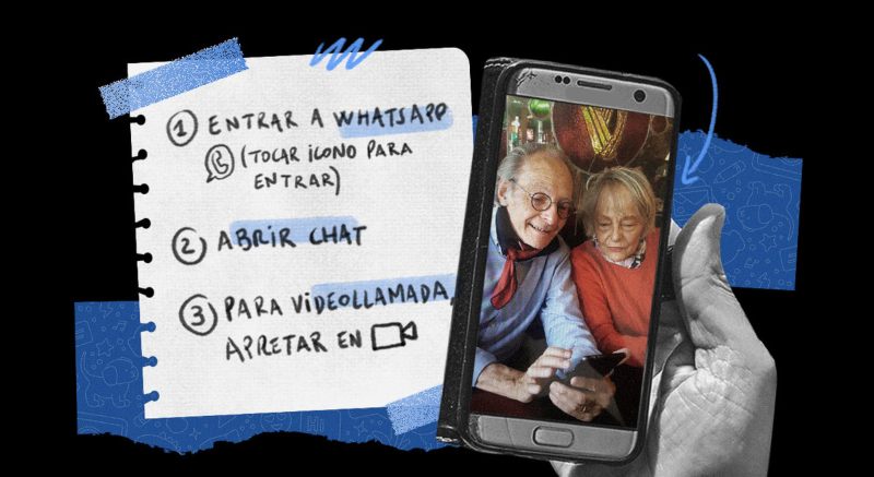 Un cartel con instrucciones para hacer una videollamada junto a un celular con la imagen de dos adultos mayores.