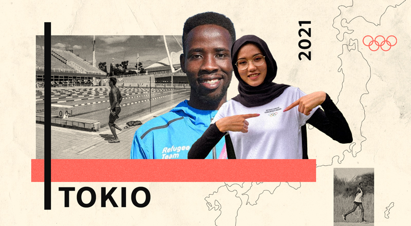 Un collage con tres fotos de deportistas refugiados que participarán en los Juegos Olímpicos de Tokio.