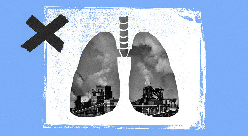 Dos pulmones, en cuyo fondo se ven industrias contaminantes.