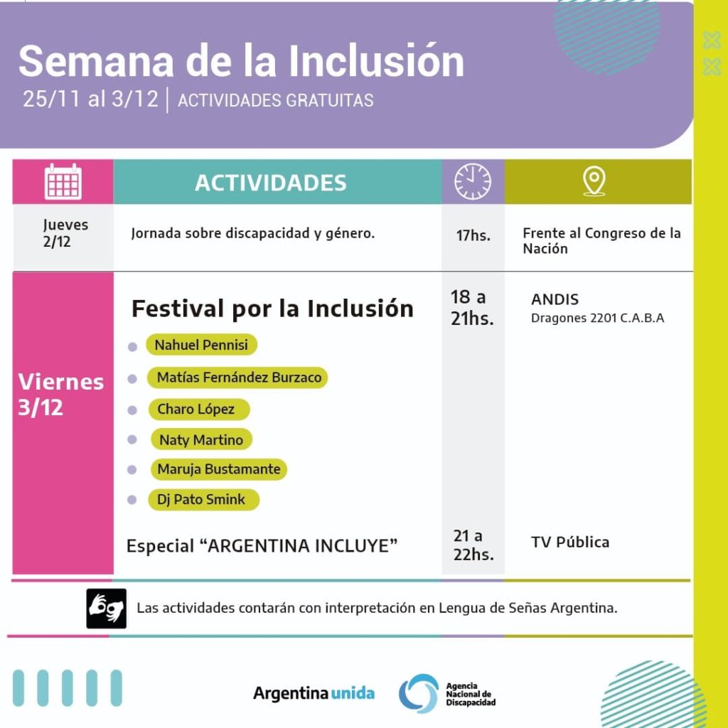 Calendario de ANDis con actividades de la Semana de la Inclusión.