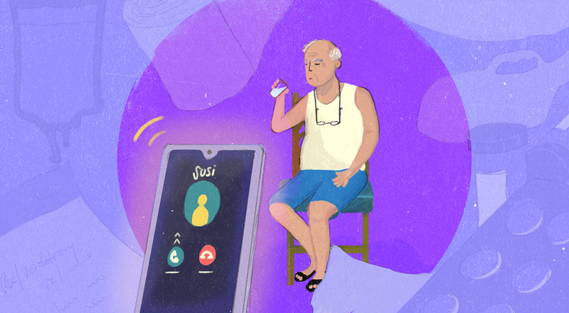 Ilustración de un hombre mayor y un celular de alguien que lo llama para ofrecerle ayuda.