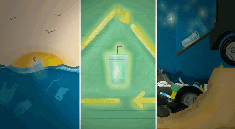 Una ilustración de tres partes: en las del costado se ven desperdicios de plástico, en la del medio un vaso dentro del símbolo de reciclaje.