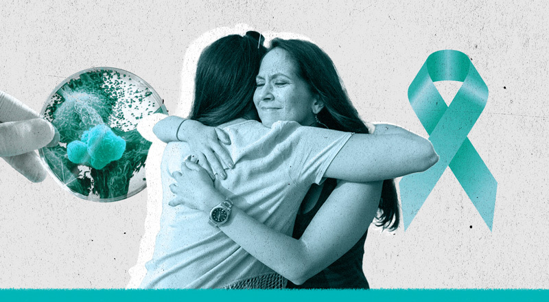 Dos mujeres se abrazan, en una imagen intervenida con un lazo de lucha contra el cáncer a un costado.