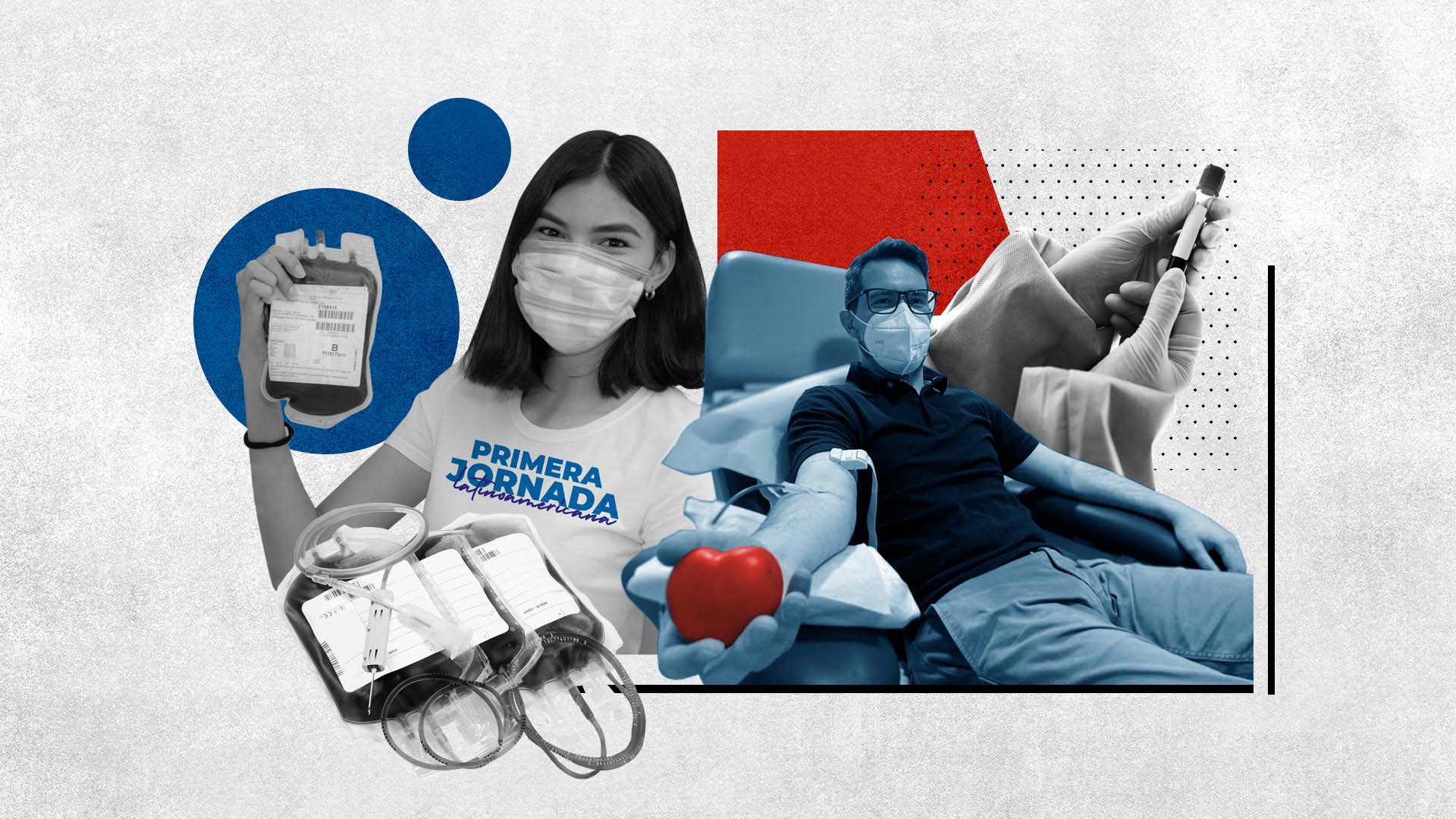 Collage con personas donando sangre.