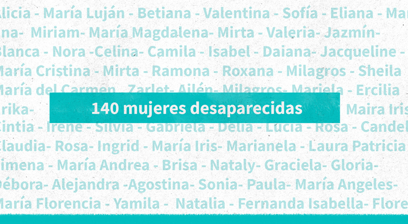 Un cartel con los nombres de 140 mujeres desaparecidas.