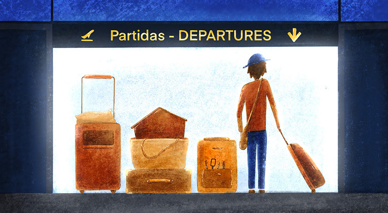Ilustración de una persona en un aeropuerto, a punto de partir.