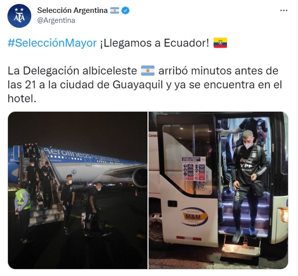 Tuit de la cuenta oficial de la Selección Argentina con fotos de la llegada del plantel a Ecuador.