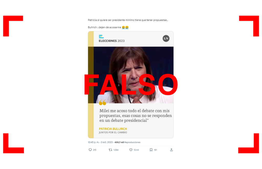 La placa de La Nación en la que Patricia Bullrich se queja del acoso de Javier Milei en el debate presidencial es falsa 